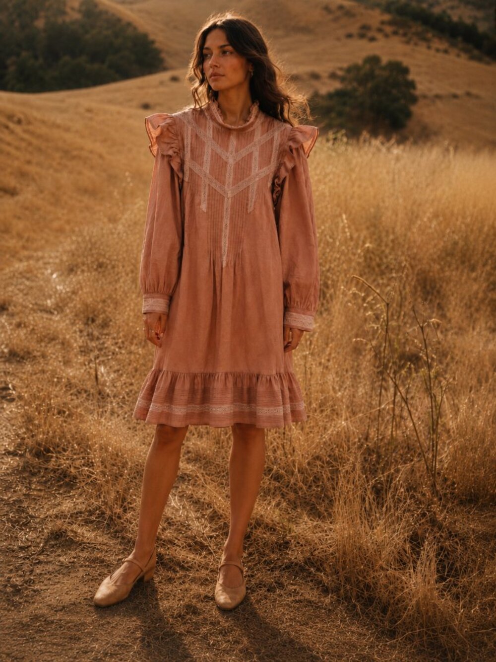 DÔEN Moore Terracotta Puff Sleeve Ruffle Victorian Mini Dress